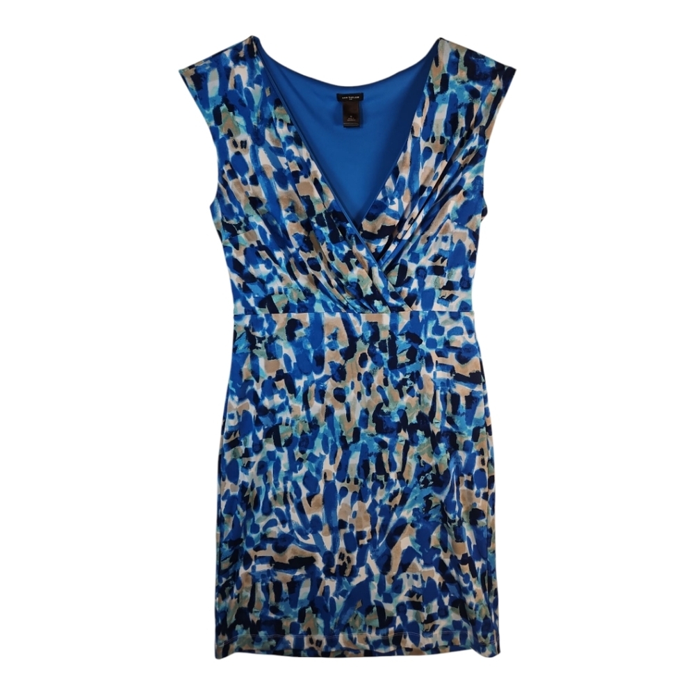 Ann Taylor Blue Stretch Lined Sleeveless V Neck Sheath Dress Sz M
